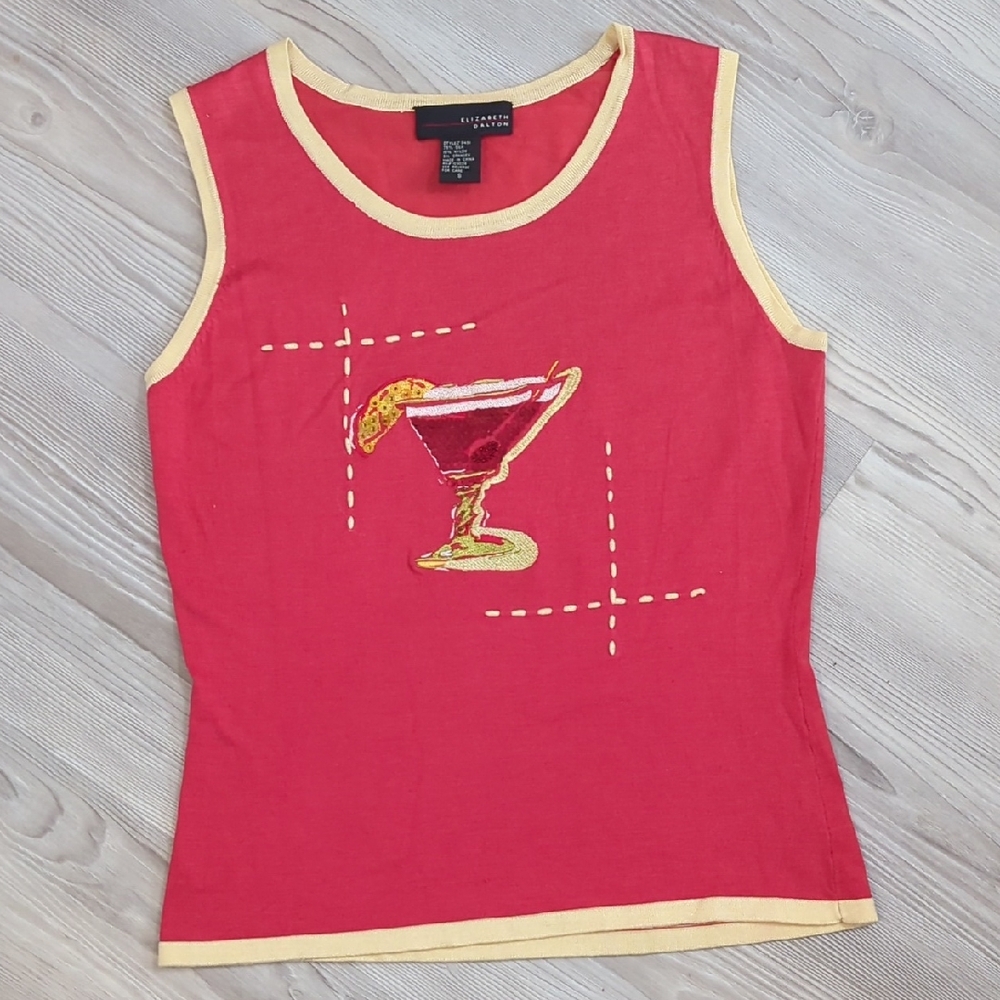 Elizabeth Dalton S silk blend Cosmo girl tropical cocktail drink shirt red yello